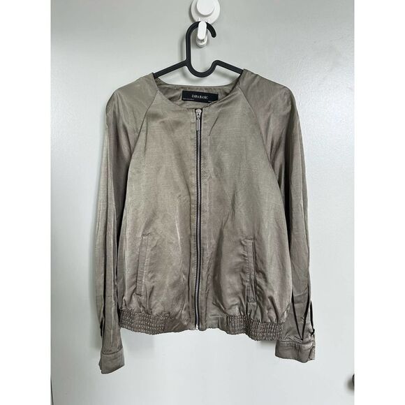Zara Basic Satin Effect Bomber Jacket Size XS Khaki Green EUC - Picture 2 of 10